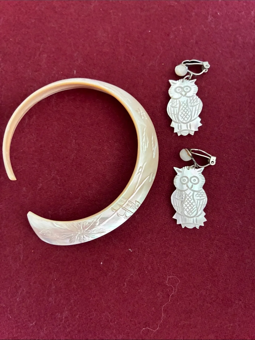 Mother-of-Pearl Crescent Bangle and Owl Drop Earrings Set